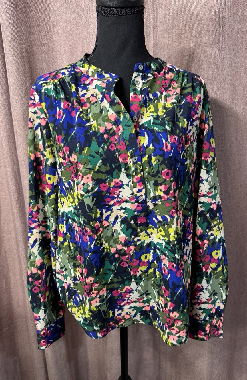 J. Crew Womens Sz S Abstract Floral Tunic Long Sleeve Blouse 1/2 Button Up